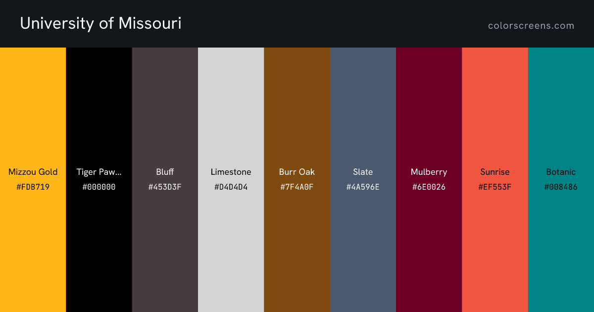 University of Missouri brand colors: Mizzou Gold #FDB719, Tiger Paw Black #000000, Bluff #453D3F, Limestone #D4D4D4, Burr Oak #7F4A0F, Slate #4A596E, Mulberry #6E0026, Sunrise #EF553F, Botanic #008486