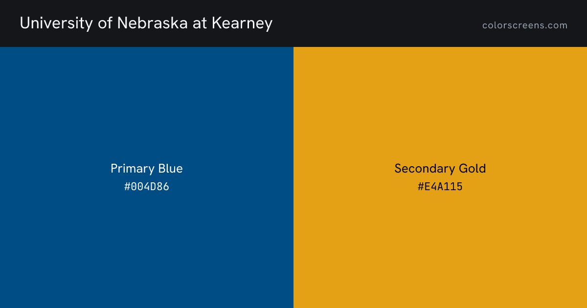University of Nebraska at Kearney brand colors: Primary Blue #004D86, Secondary Gold #E4A115