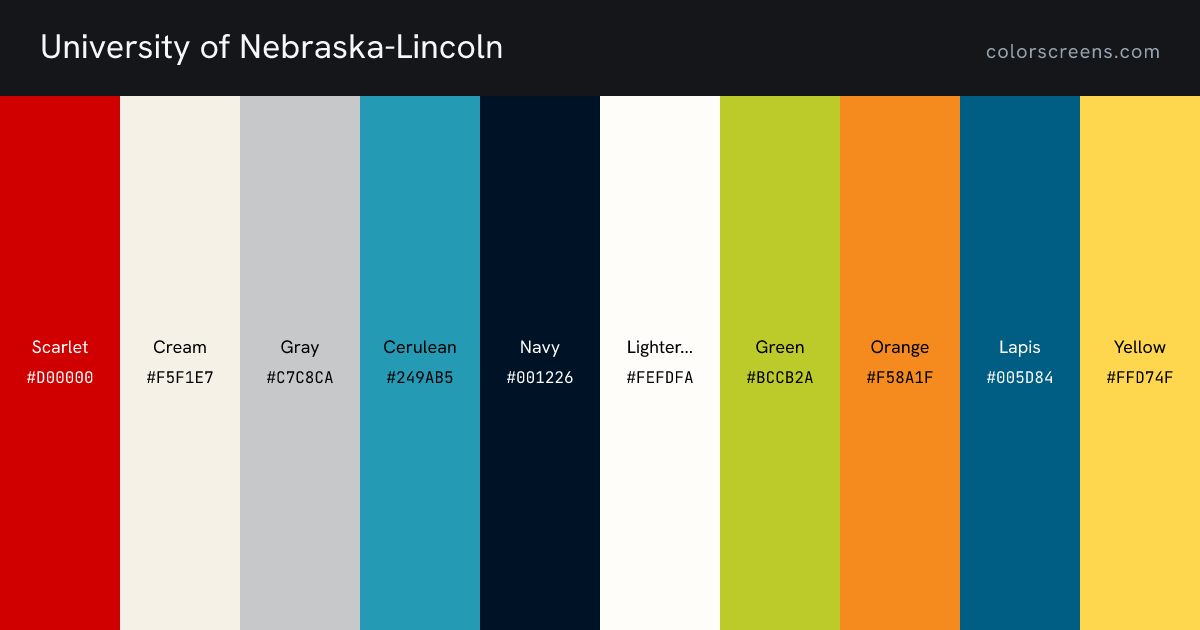 University of Nebraska-Lincoln brand colors: Scarlet #D00000, Cream #F5F1E7, Gray #C7C8CA, Cerulean #249AB5, Navy #001226, Lighter Cream #FEFDFA, Green #BCCB2A, Orange #F58A1F, Lapis #005D84, Yellow #FFD74F, ...
