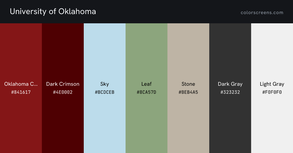University of Oklahoma brand colors: Oklahoma Crimson #841617, Dark Crimson #4E0002, Sky #BCDCEB, Leaf #8CA57D, Stone #BEB4A5, Dark Gray #323232, Light Gray #F0F0F0