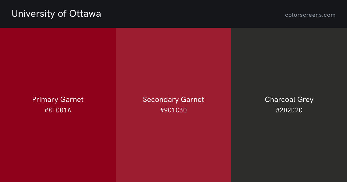 University of Ottawa brand colors: Primary Garnet #8F001A, Secondary Garnet #9C1C30, Charcoal Grey #2D2D2C