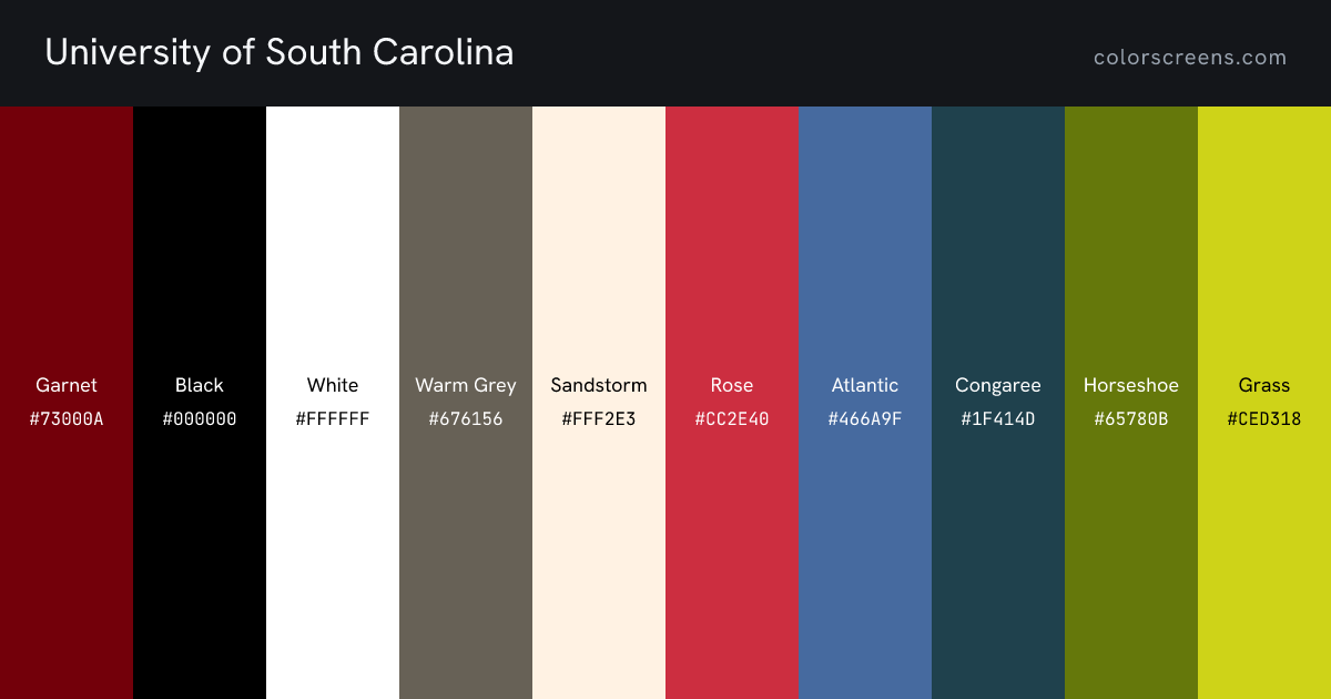 University of South Carolina brand colors: Garnet #73000A, Black #000000, White #FFFFFF, Warm Grey #676156, Sandstorm #FFF2E3, Rose #CC2E40, Atlantic #466A9F, Congaree #1F414D, Horseshoe #65780B, Grass #CED318, ...