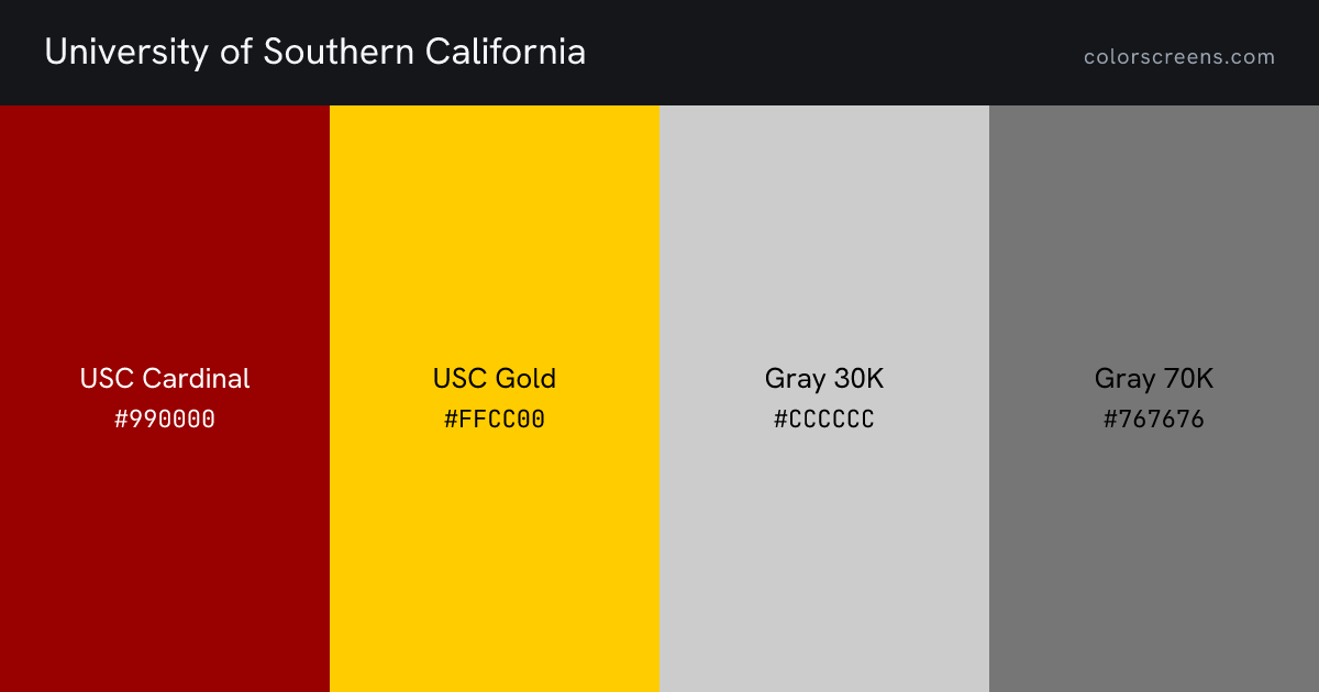 University of Southern California brand colors: USC Cardinal #990000, USC Gold #FFCC00, Gray 30K #CCCCCC, Gray 70K #767676