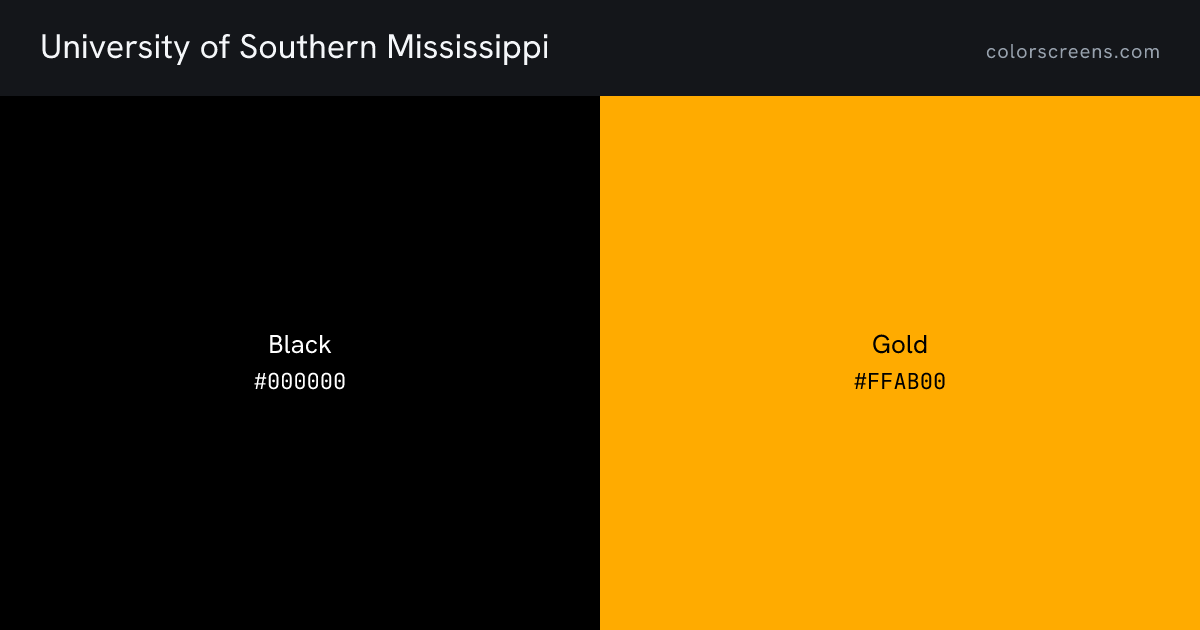 University of Southern Mississippi brand colors: Black #000000, Gold #FFAB00