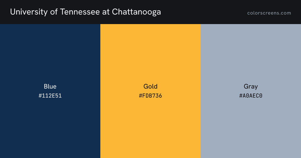 University of Tennessee at Chattanooga brand colors: Blue #112E51, Gold #FDB736, Gray #A0AEC0