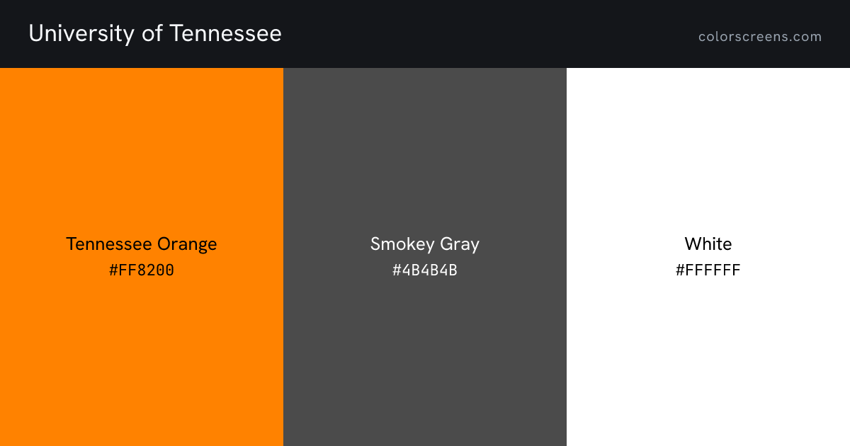 University of Tennessee brand colors: Tennessee Orange #FF8200, Smokey Gray #4B4B4B, White #FFFFFF
