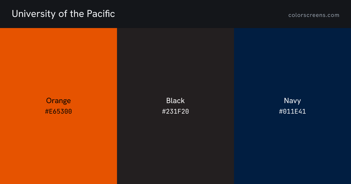 University of the Pacific brand colors: Orange #E65300, Black #231F20, Navy #011E41