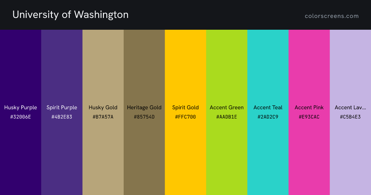 University of Washington brand colors: Husky Purple #32006E, Spirit Purple #4B2E83, Husky Gold #B7A57A, Heritage Gold #85754D, Spirit Gold #FFC700, Accent Green #AADB1E, Accent Teal #2AD2C9, Accent Pink #E93CAC, Accent Lavender #C5B4E3