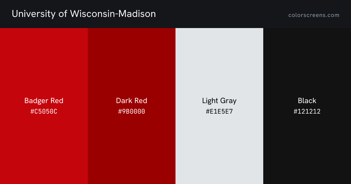 University of Wisconsin-Madison brand colors: Badger Red #C5050C, Dark Red #9B0000, Light Gray #E1E5E7, Black #121212