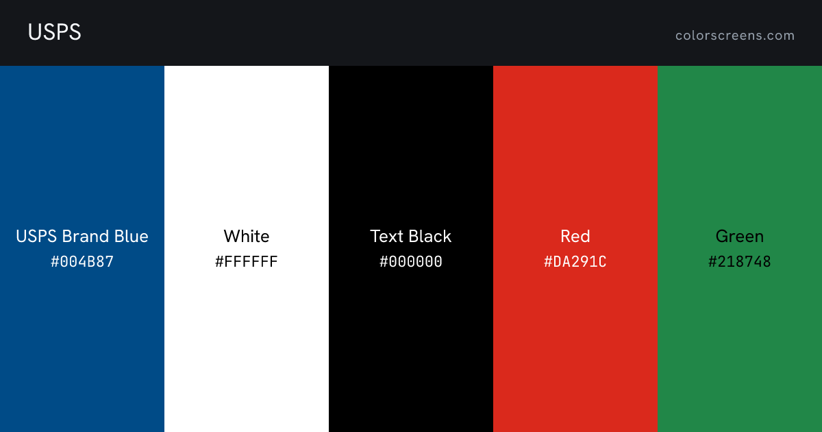 USPS brand colors: USPS Brand Blue #004B87, White #FFFFFF, Text Black #000000, Red #DA291C, Green #218748