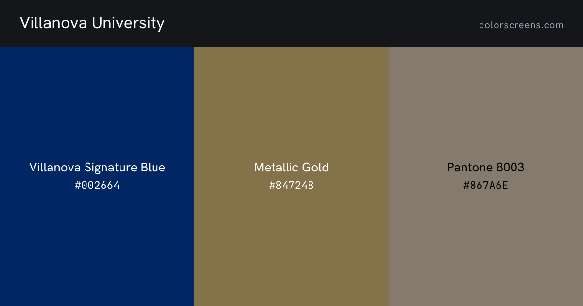 Villanova University brand colors: Villanova Signature Blue #002664, Metallic Gold #847248, Pantone 8003 #867A6E
