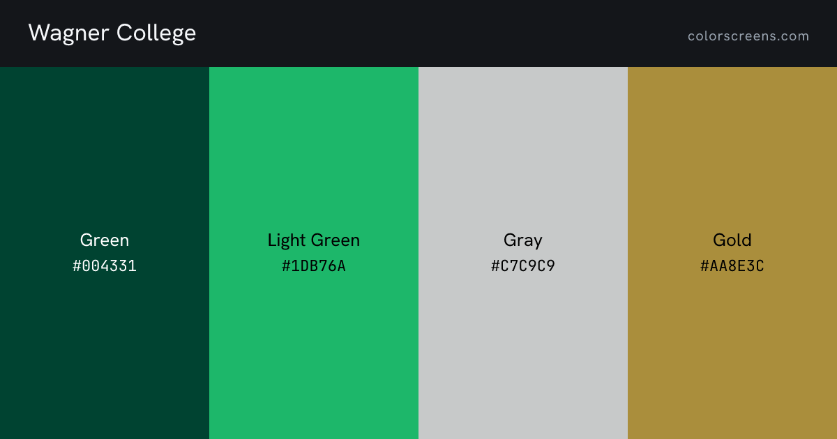Wagner College brand colors: Green #004331, Light Green #1DB76A, Gray #C7C9C9, Gold #AA8E3C