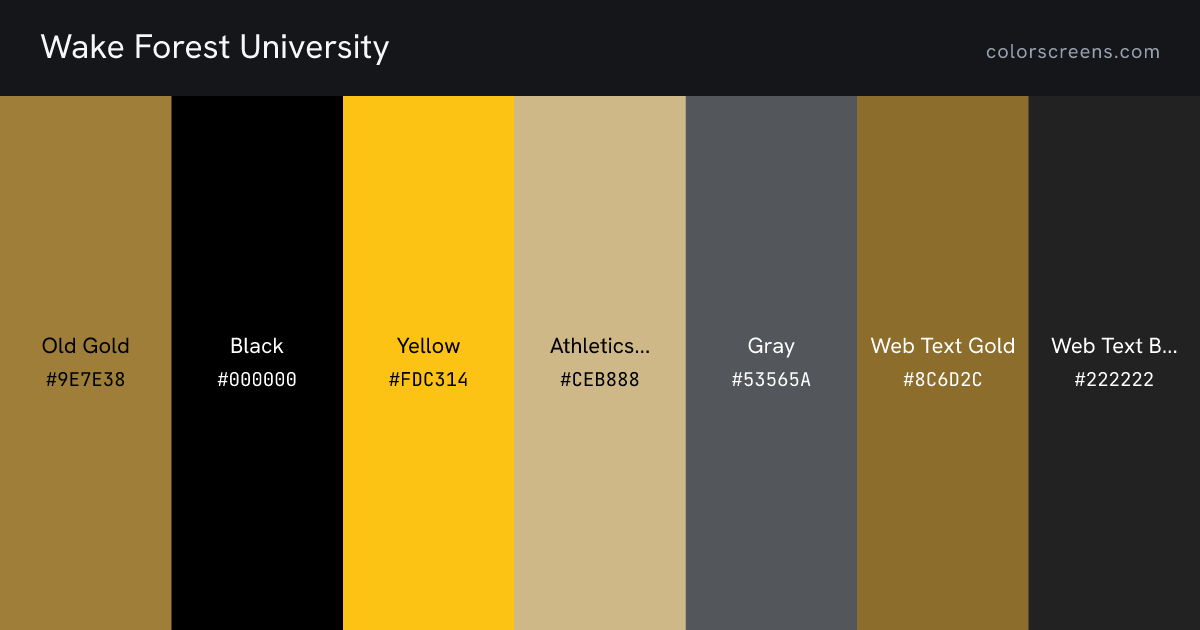 Wake Forest University brand colors: Old Gold #9E7E38, Black #000000, Yellow #FDC314, Athletics Gold #CEB888, Gray #53565A, Web Text Gold #8C6D2C, Web Text Black #222222