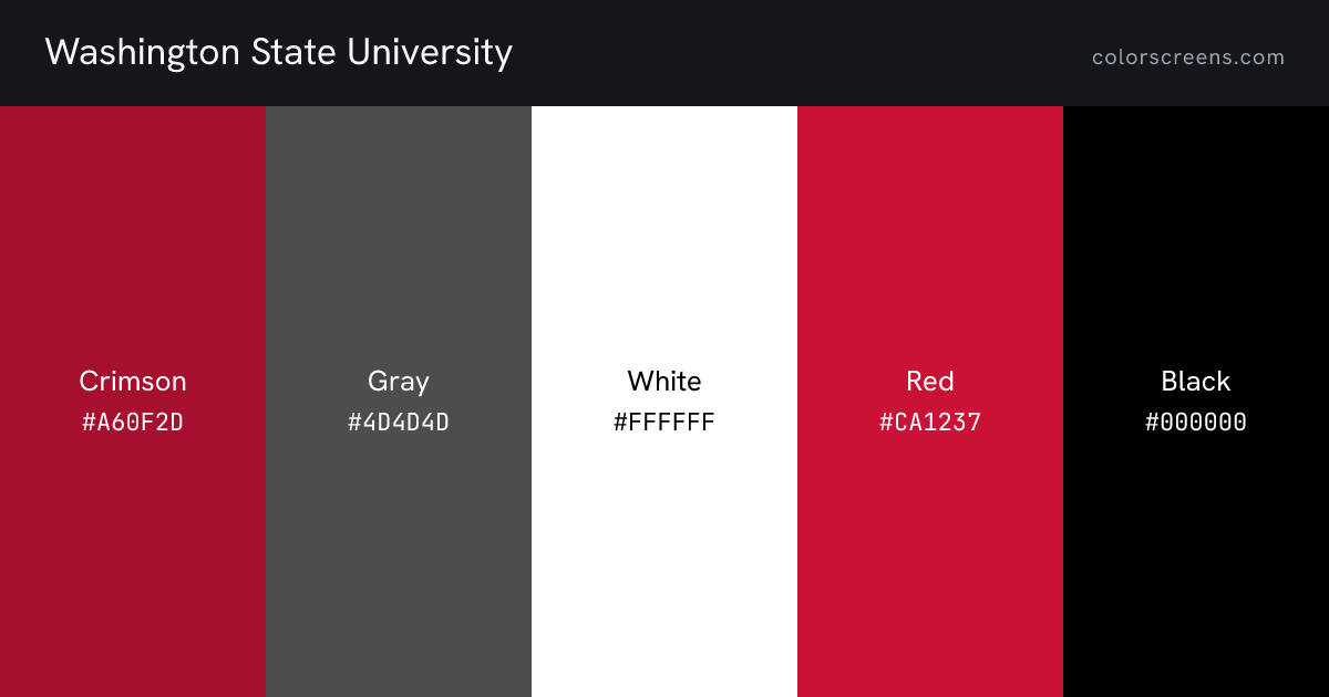 Washington State University brand colors: Crimson #A60F2D, Gray #4D4D4D, White #FFFFFF, Red #CA1237, Black #000000