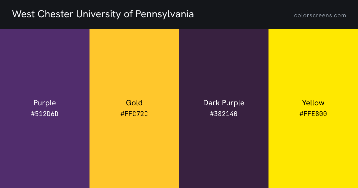 West Chester University of Pennsylvania brand colors: Purple #512D6D, Gold #FFC72C, Dark Purple #382140, Yellow #FFE800