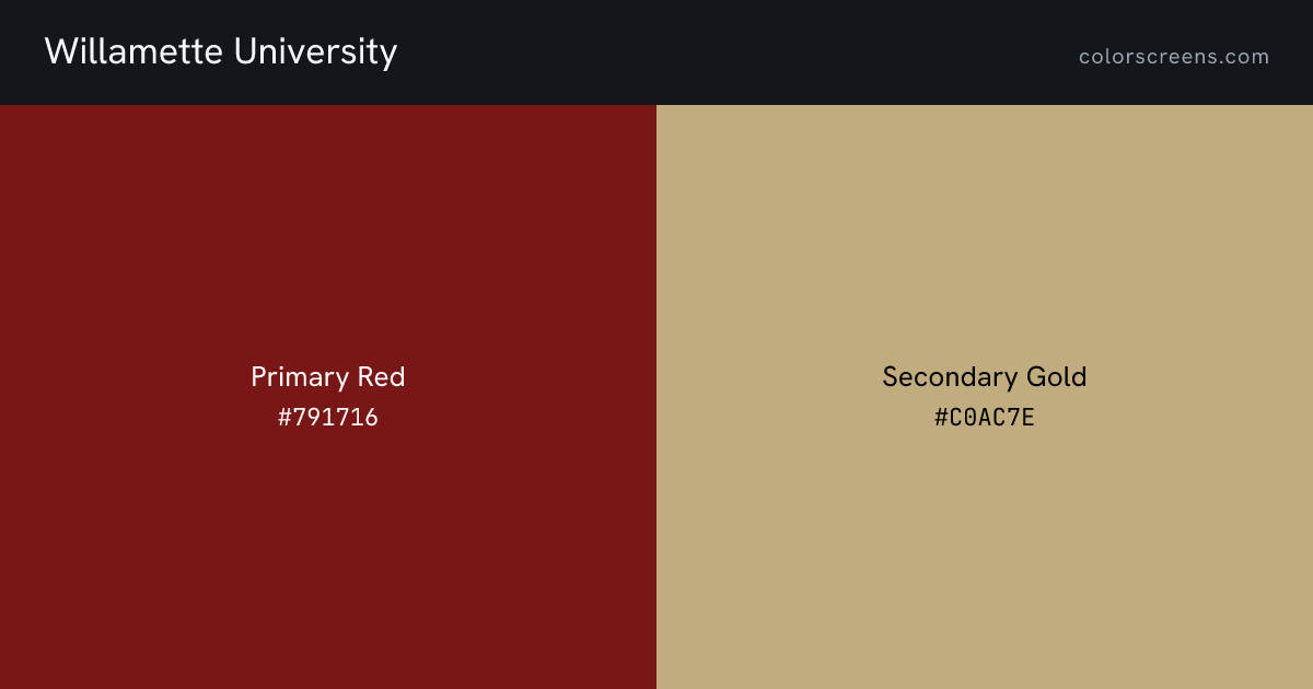 Willamette University brand colors: Primary Red #791716, Secondary Gold #C0AC7E