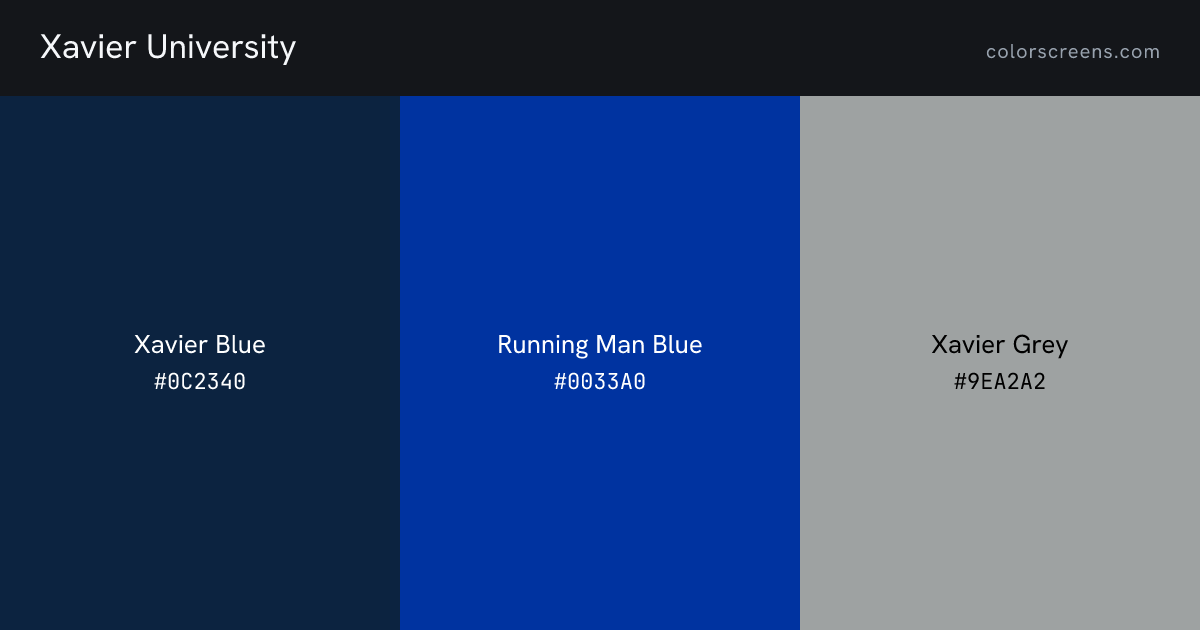 Xavier University brand colors: Xavier Blue #0C2340, Running Man Blue #0033A0, Xavier Grey #9EA2A2