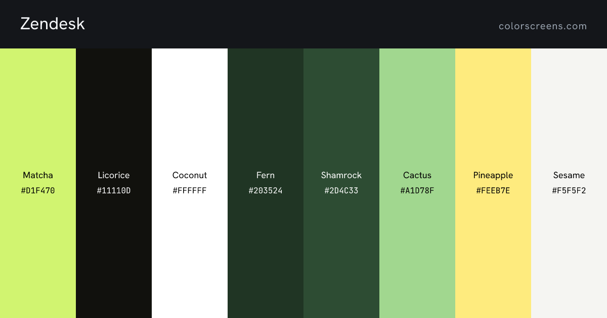 Zendesk brand colors: Matcha #D1F470, Licorice #11110D, Coconut #FFFFFF, Fern #203524, Shamrock #2D4C33, Cactus #A1D78F, Pineapple #FEEB7E, Sesame #F5F5F2